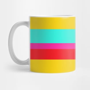 A smart jam of Red (Pigment), Persian Rose, Metallic Yellow and Fluorescent Blue stripes. Mug